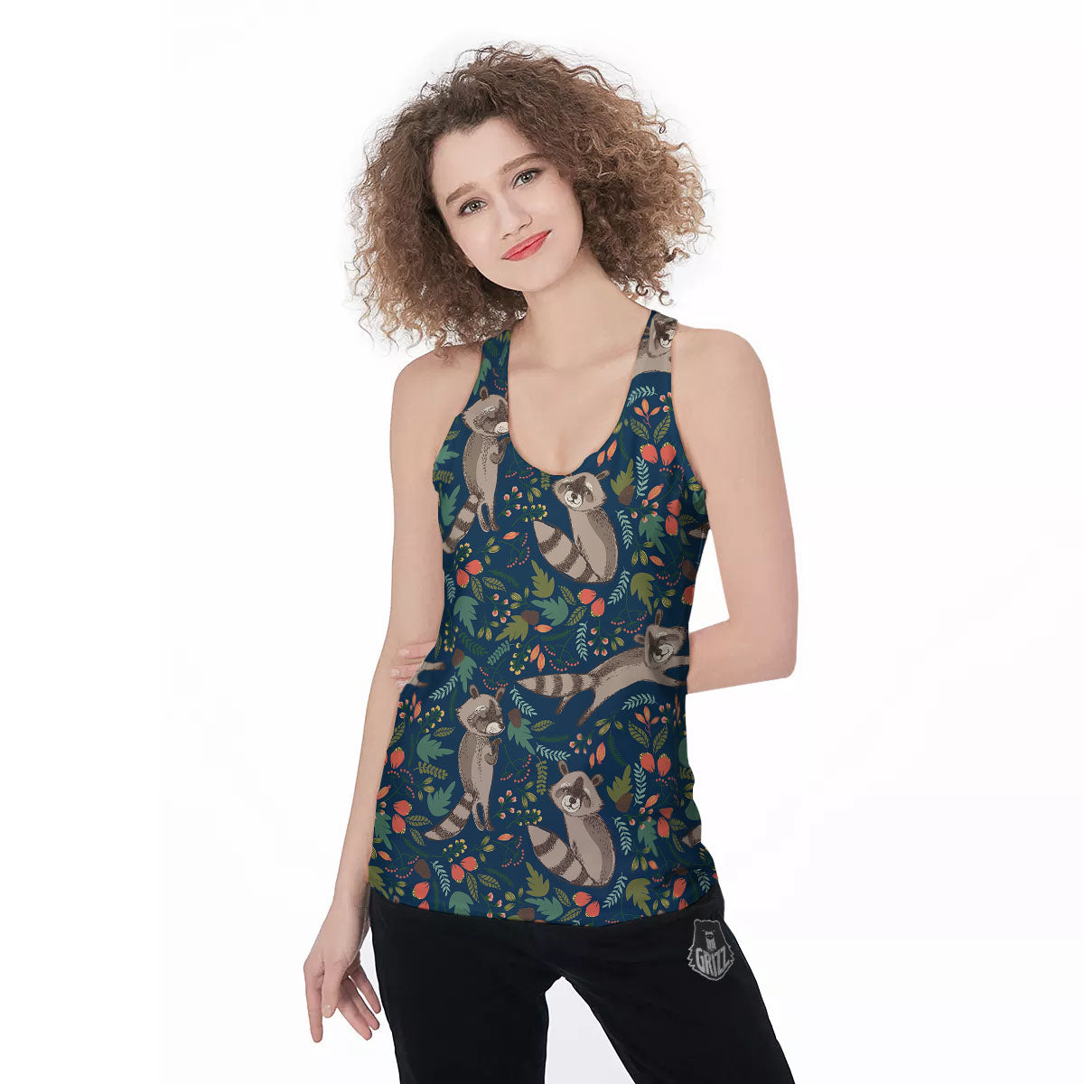 Floral And Raccoon Print Pattern Women's Racerback Tank Top-grizzshop
