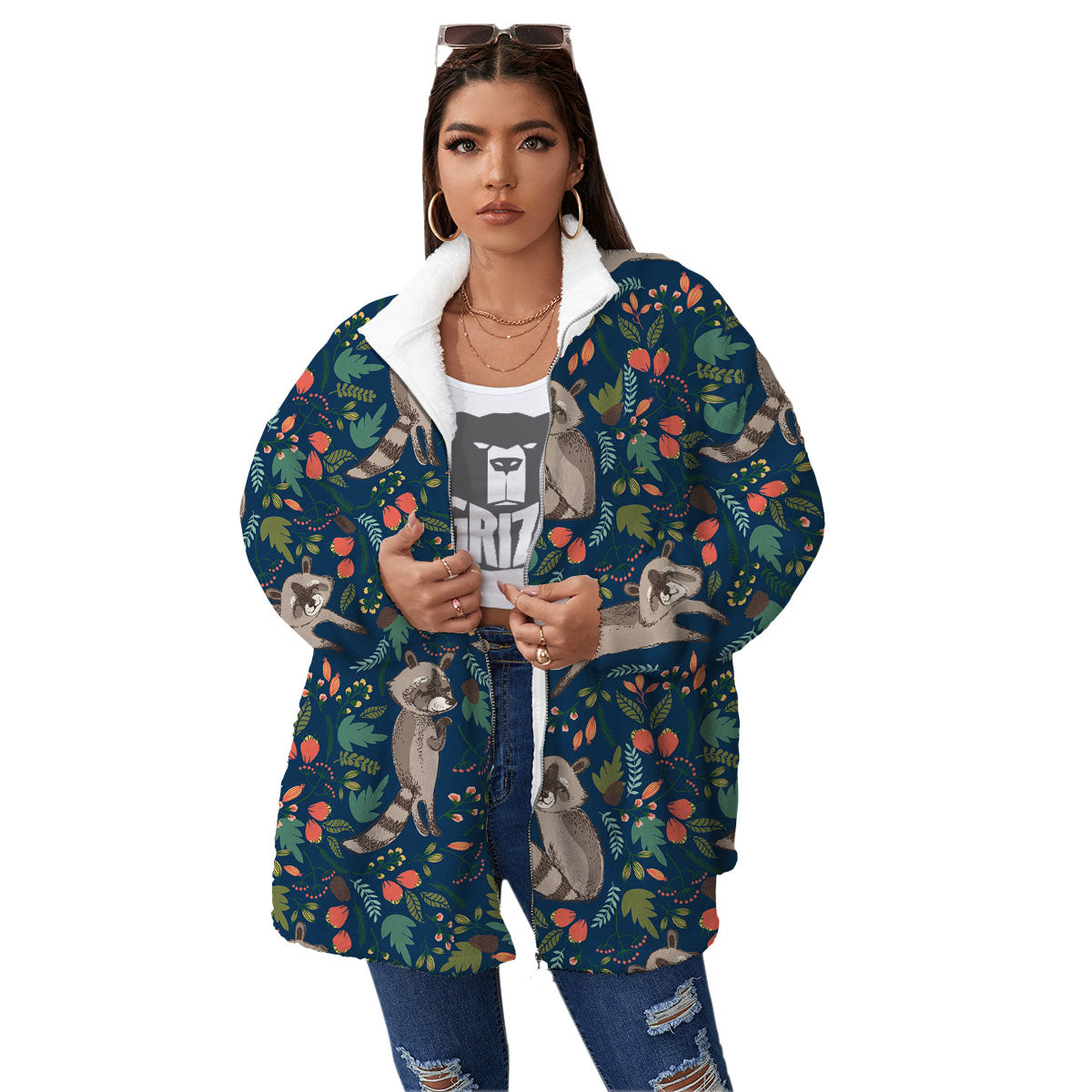 Floral And Raccoon Print Pattern Women's Sherpa Jacket-grizzshop