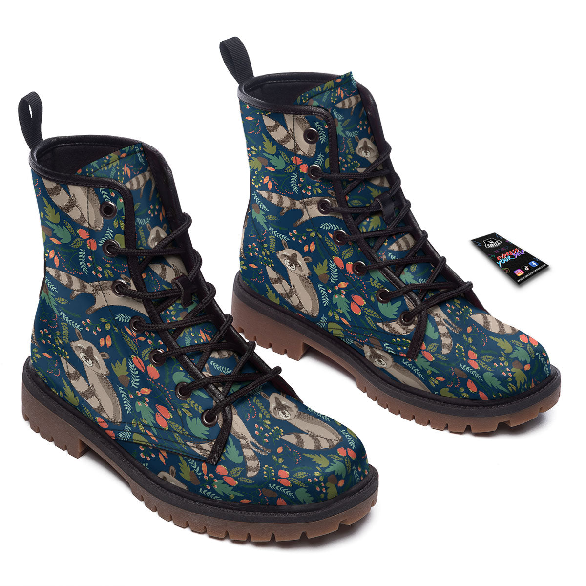 Floral And Raccoon Print Pattern Work Boots-grizzshop