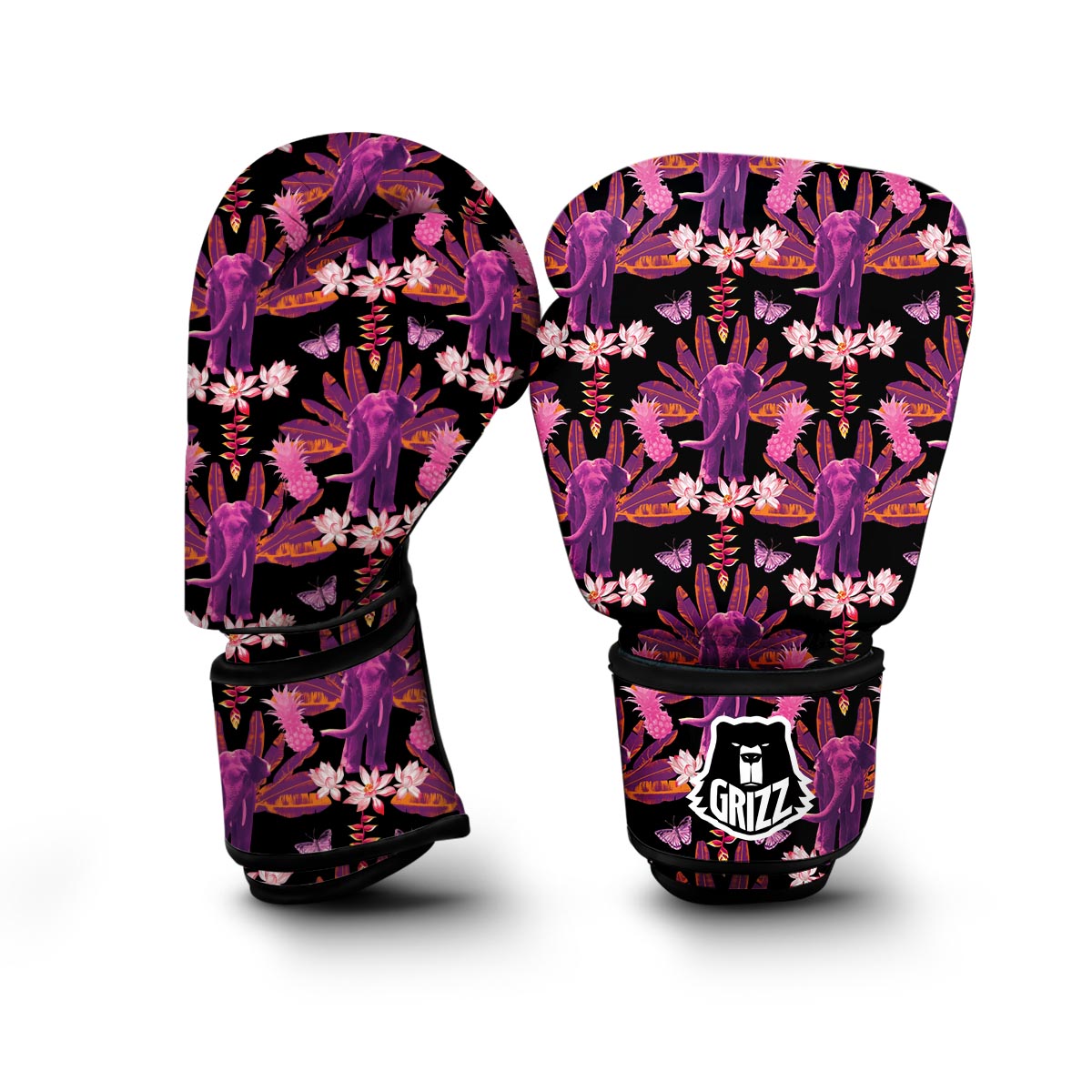Floral Banana Leaves Elephant Print Boxing Gloves-grizzshop