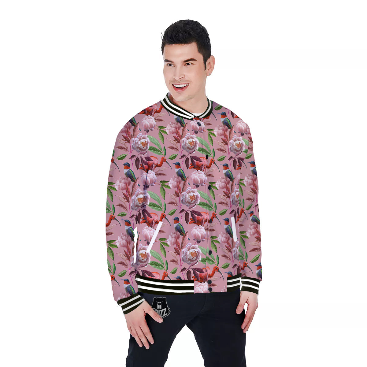 Floral Bird Pink Print Pattern Baseball Jacket-grizzshop