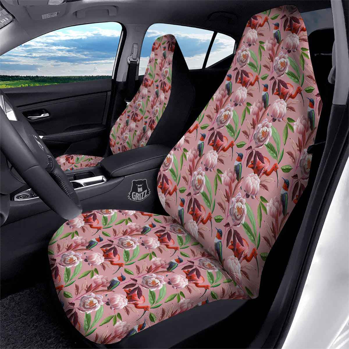 Floral Bird Pink Print Pattern Car Seat Covers-grizzshop