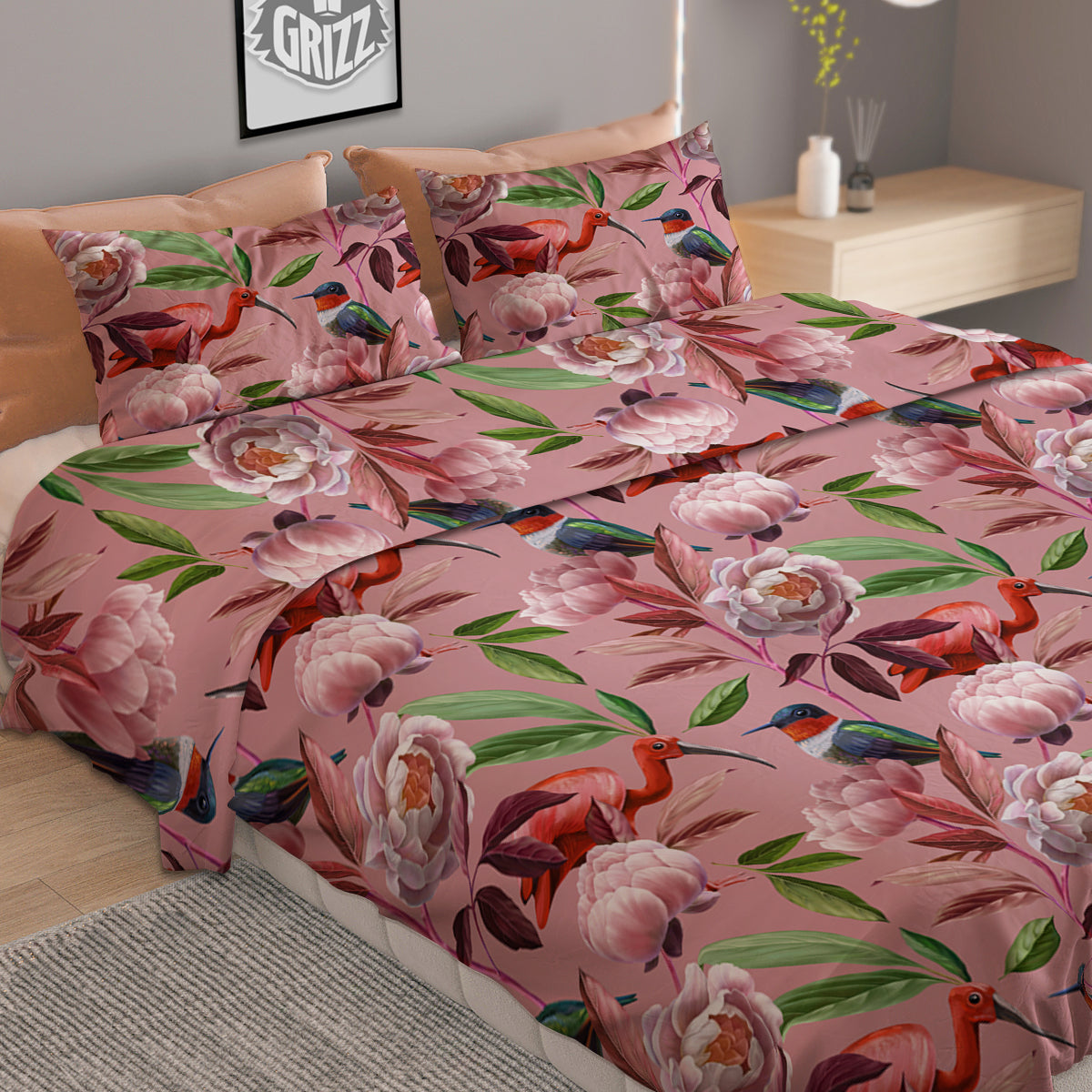 Floral Bird Pink Print Pattern Duvet Cover Bedding Set