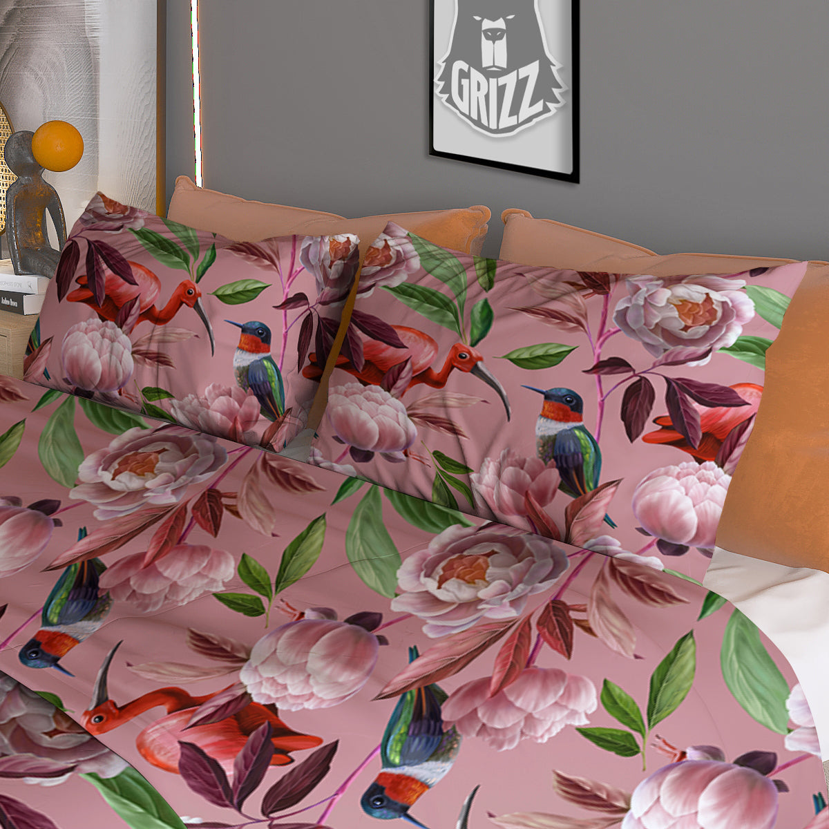 Floral Bird Pink Print Pattern Duvet Cover Bedding Set