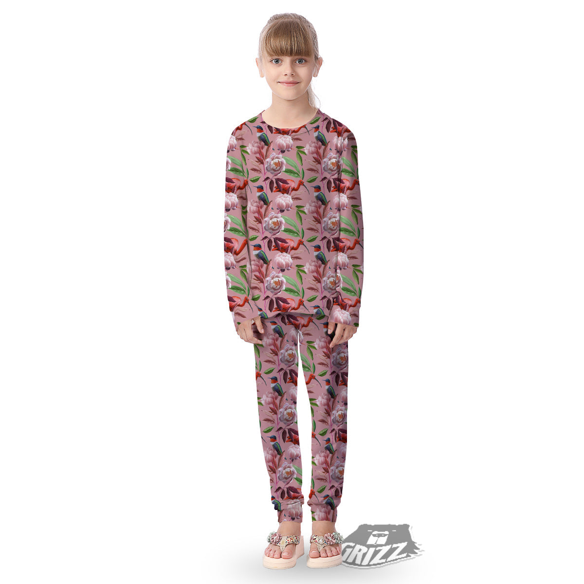 Floral Bird Pink Print Pattern Kid's Pajamas-grizzshop