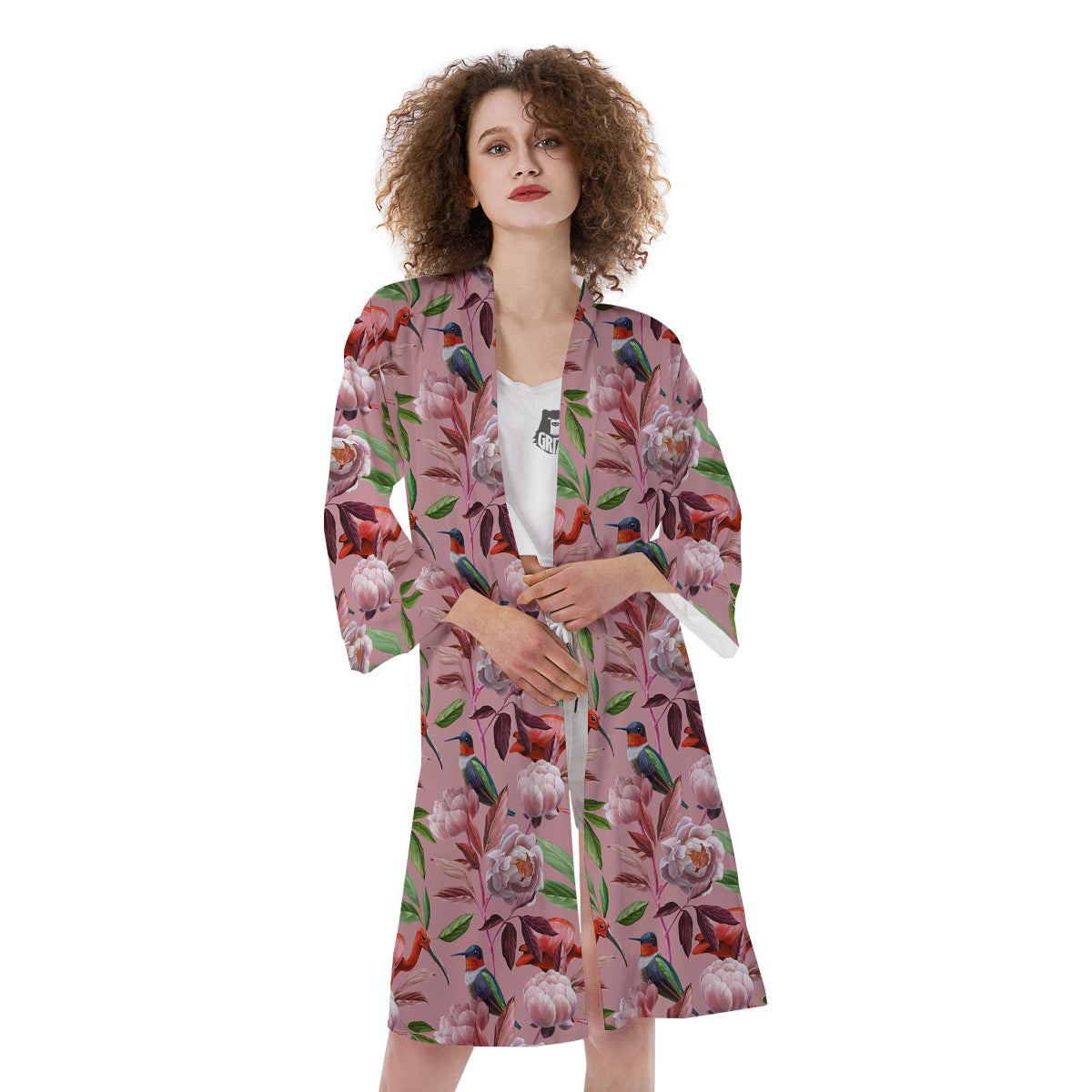 Floral Bird Pink Print Pattern Kimono-grizzshop