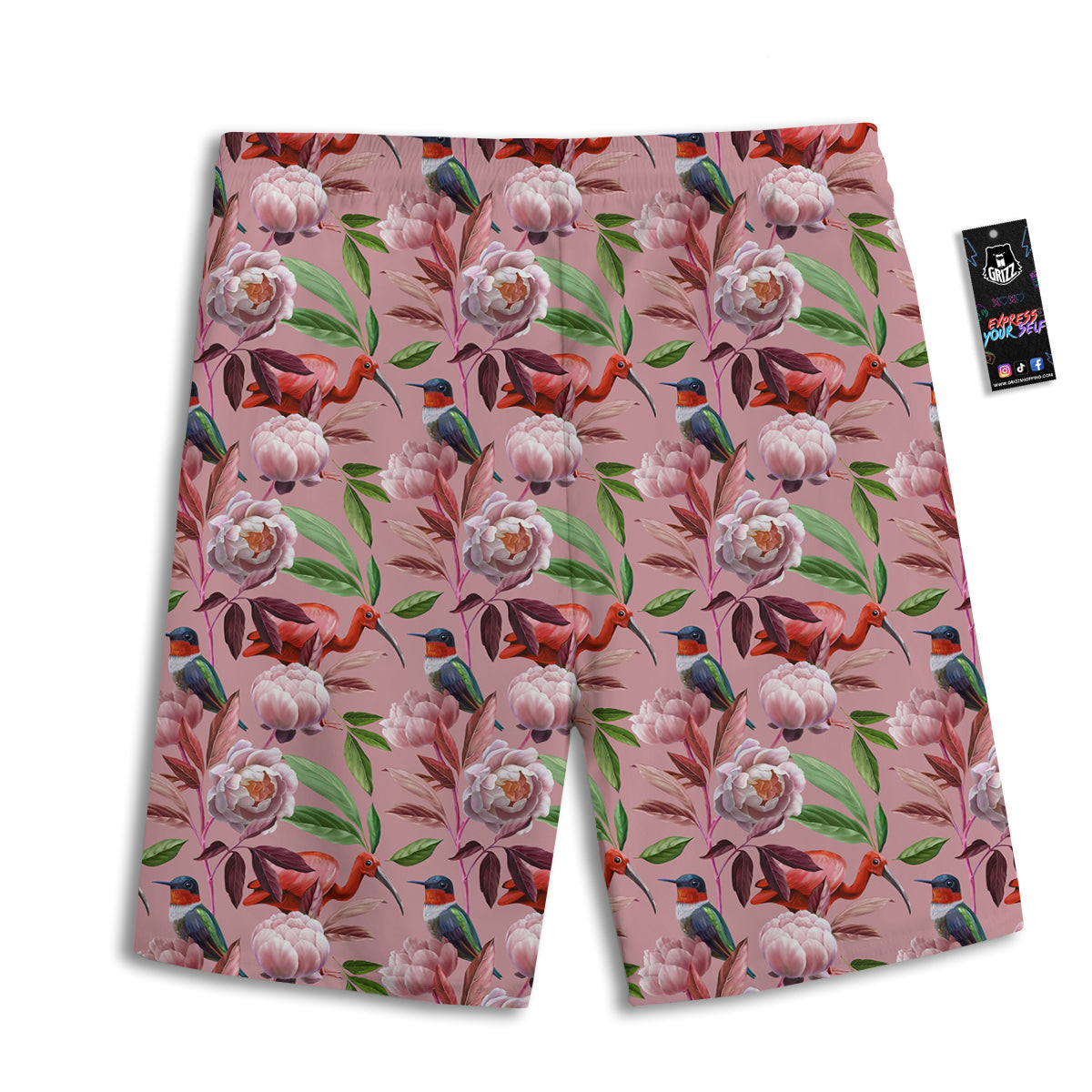 Floral Bird Pink Print Pattern Men's Athletic Shorts