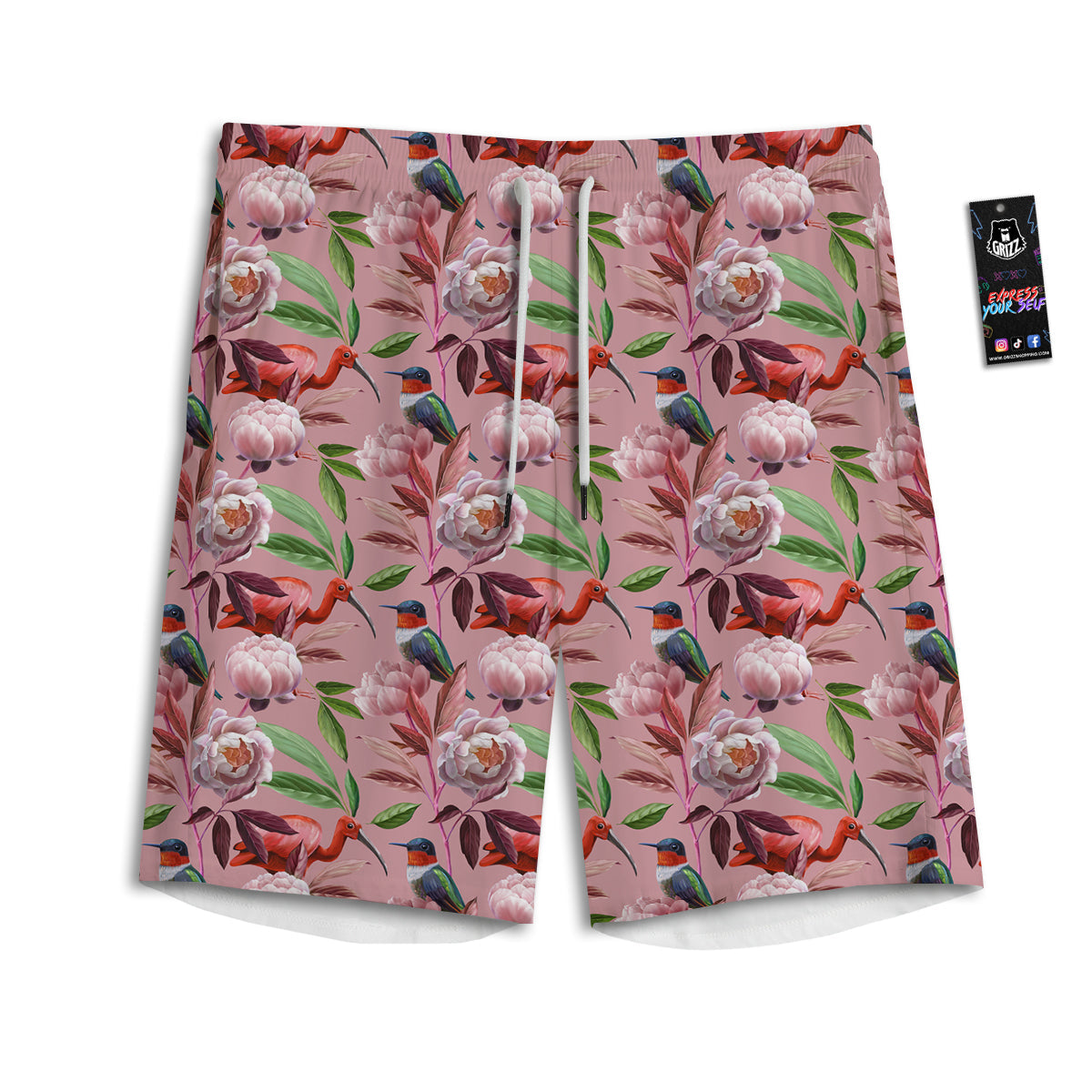 Floral Bird Pink Print Pattern Men's Athletic Shorts