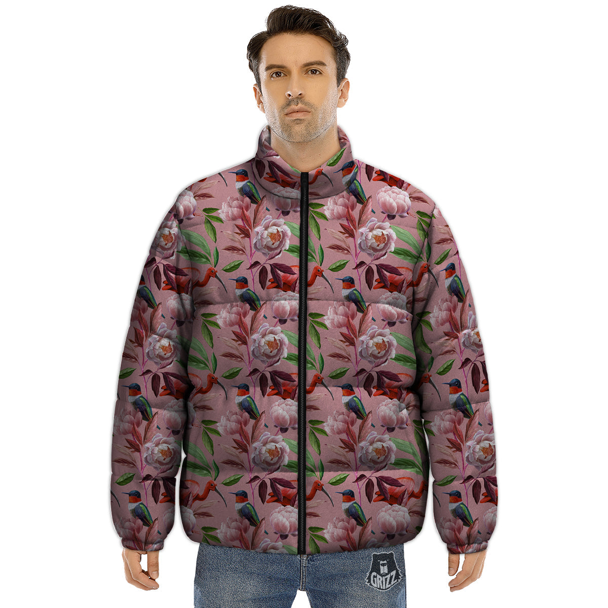 Floral Bird Pink Print Pattern Puffer Jacket-grizzshop