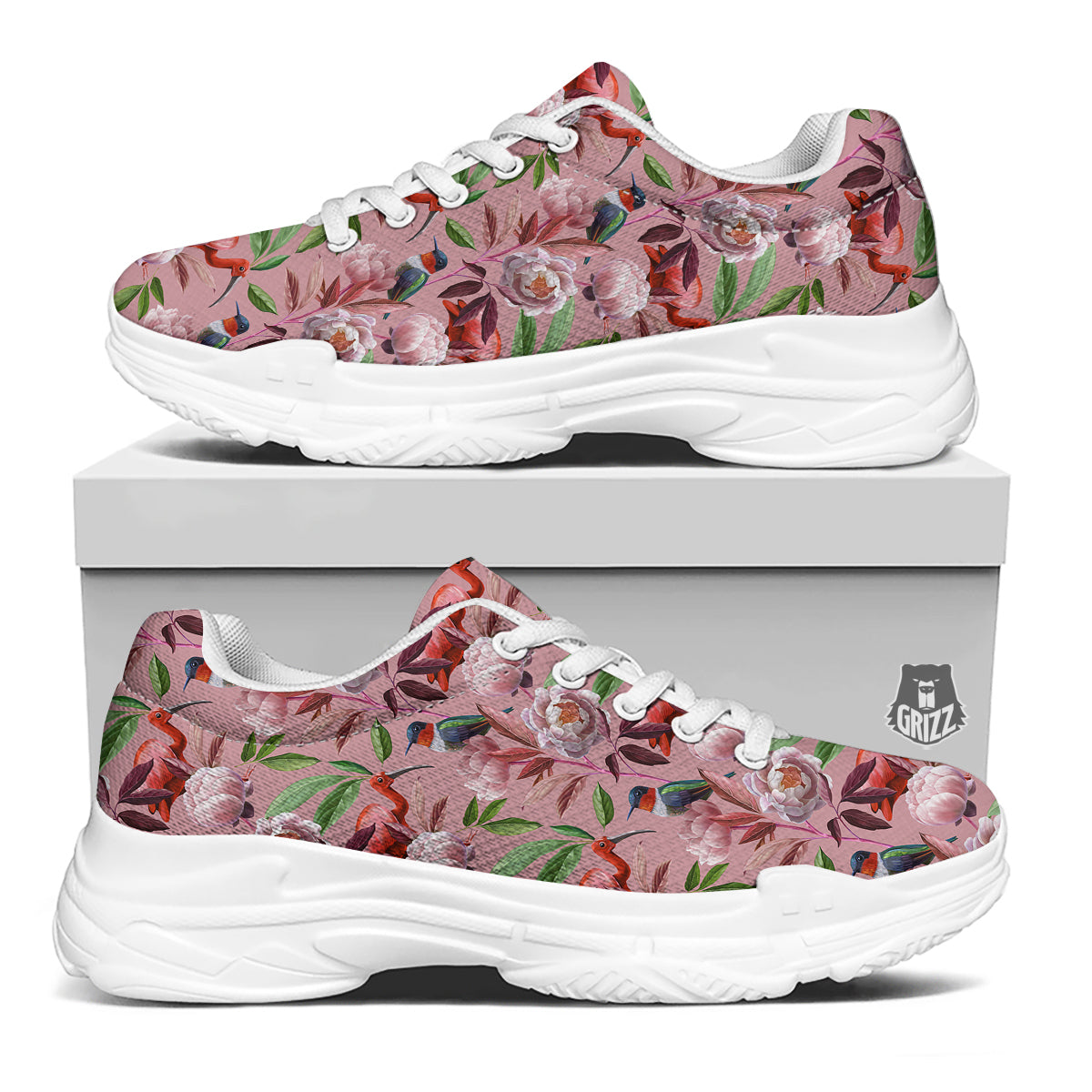 Floral Bird Pink Print Pattern White Chunky Shoes-grizzshop