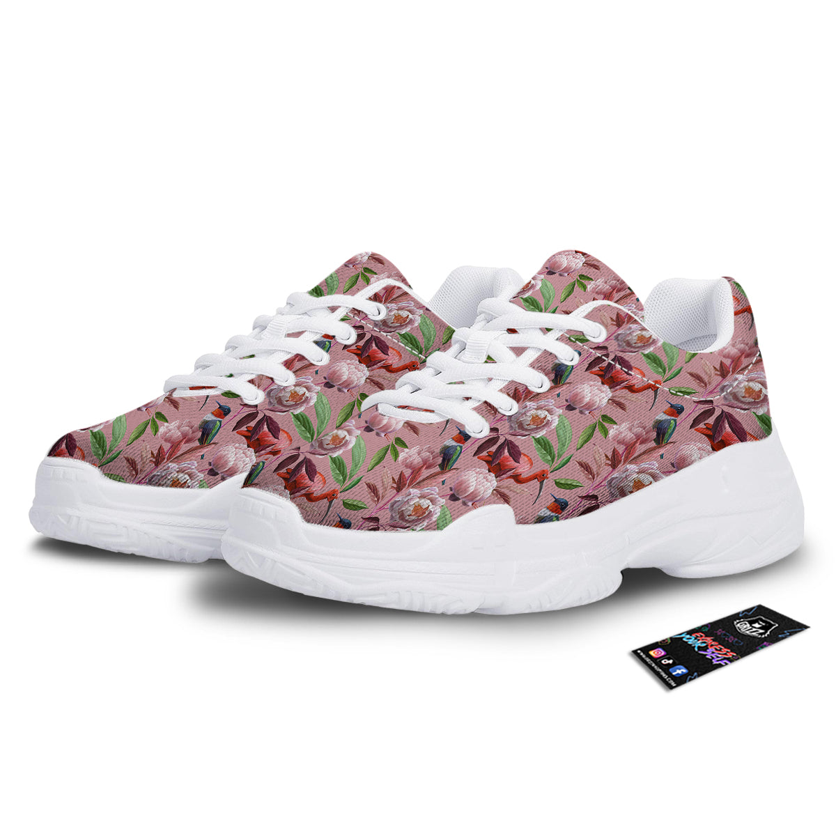 Floral Bird Pink Print Pattern White Chunky Shoes-grizzshop