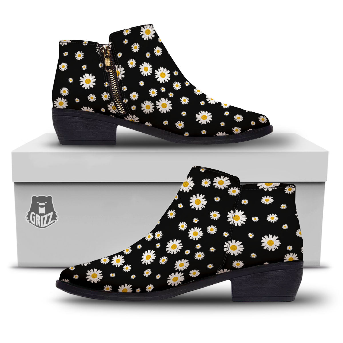 Floral Black Daisy Print Pattern Ankle Boots-grizzshop
