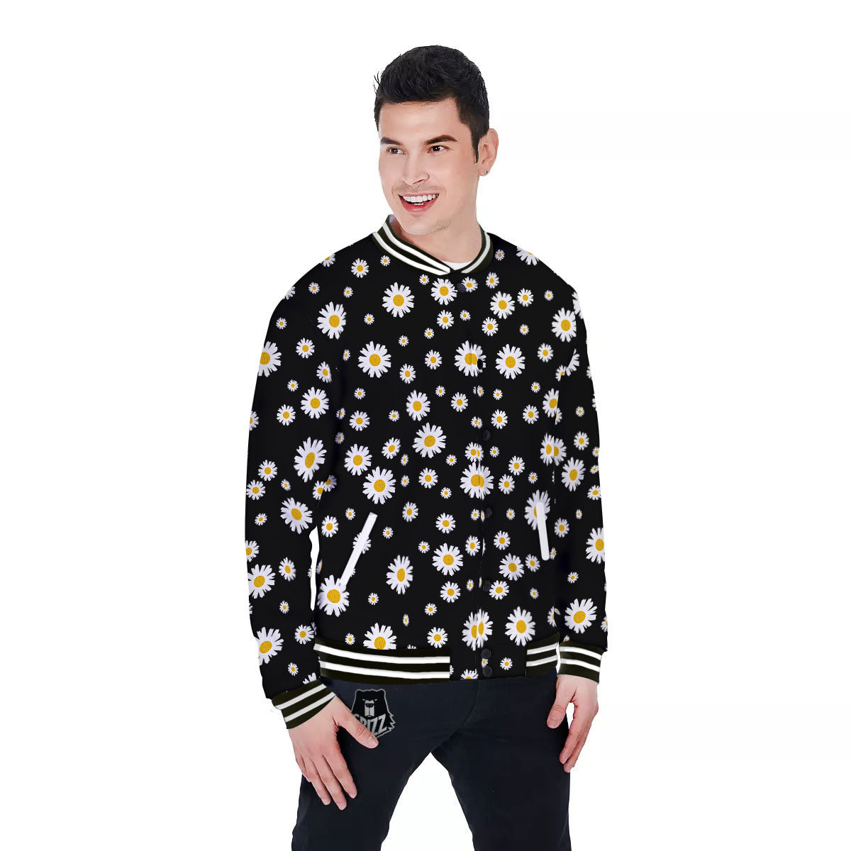 Floral Black Daisy Print Pattern Baseball Jacket-grizzshop