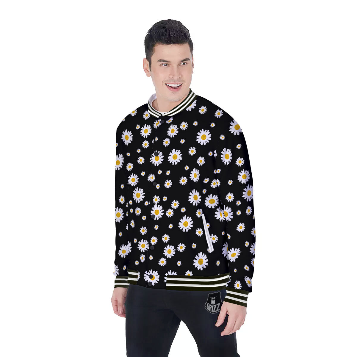 Floral Black Daisy Print Pattern Baseball Jacket-grizzshop