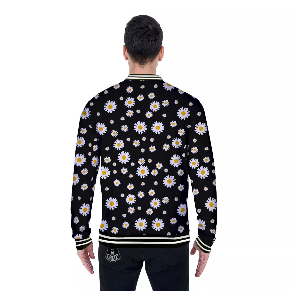 Floral Black Daisy Print Pattern Baseball Jacket-grizzshop