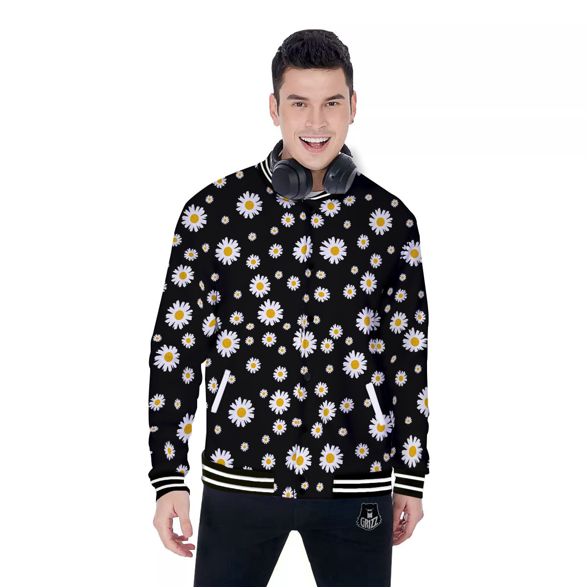 Floral Black Daisy Print Pattern Baseball Jacket-grizzshop