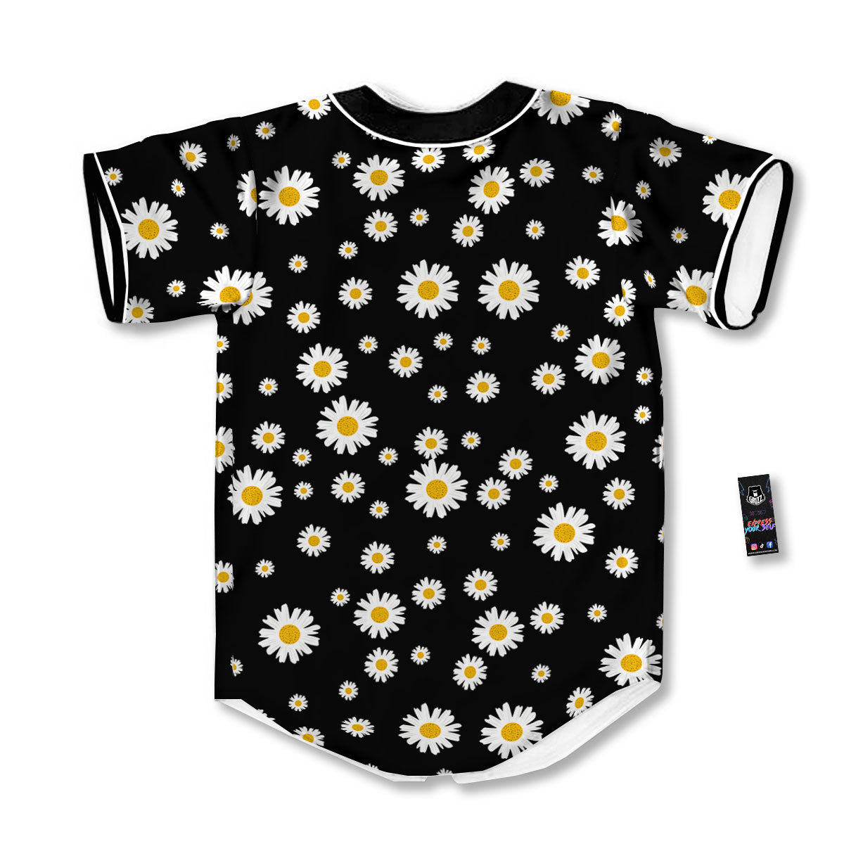 Floral Black Daisy Print Pattern Baseball Jersey-grizzshop