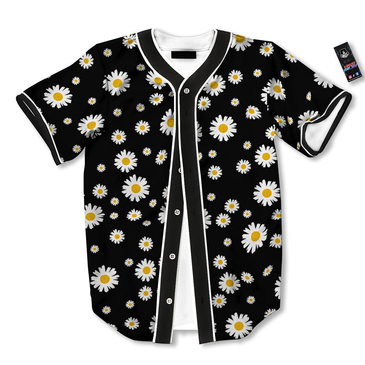Floral Black Daisy Print Pattern Baseball Jersey-grizzshop