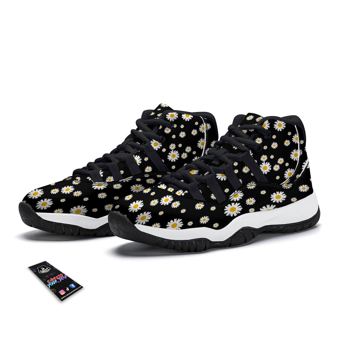 Floral Black Daisy Print Pattern Black Bball Shoes-grizzshop