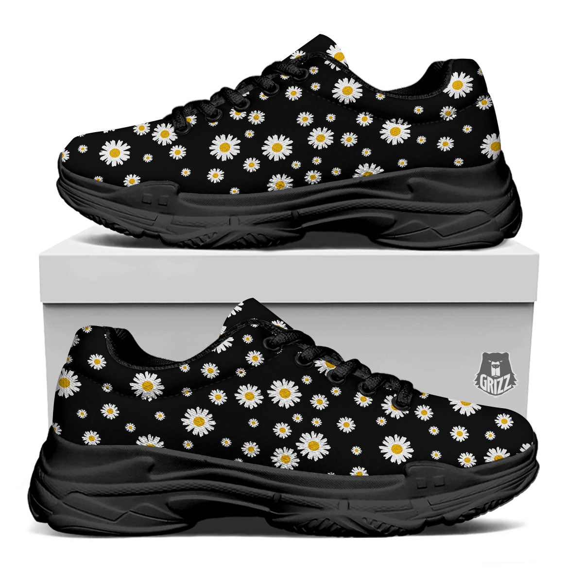 Floral Black Daisy Print Pattern Black Chunky Shoes-grizzshop