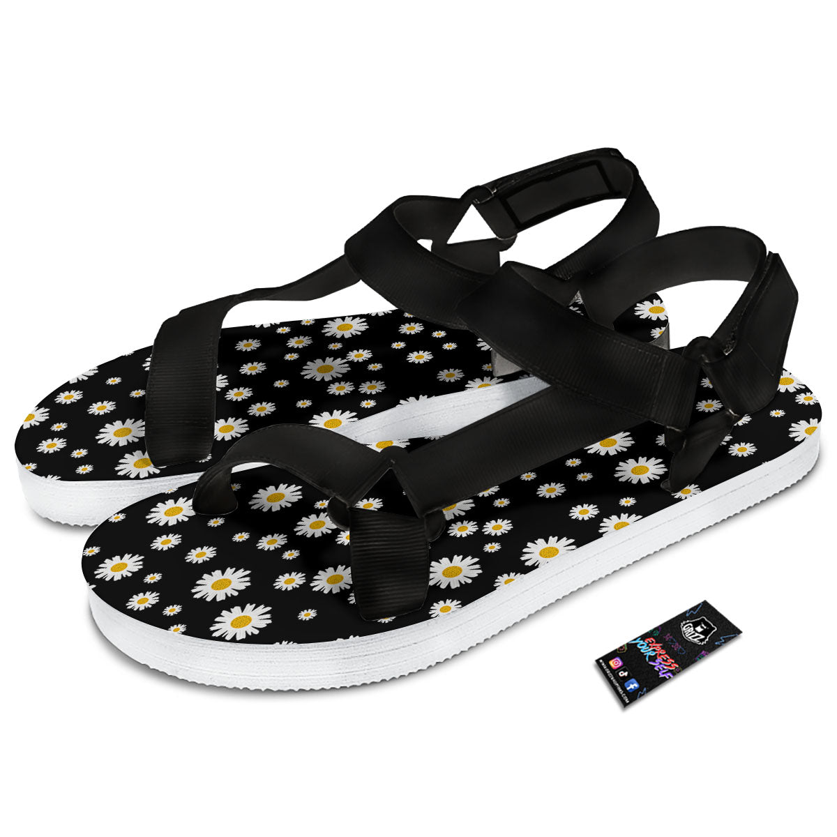Floral Black Daisy Print Pattern Black Open Toe Sandals-grizzshop