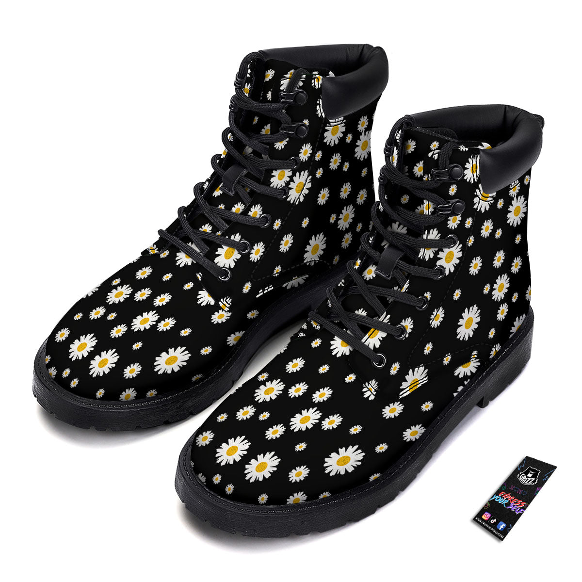 Floral Black Daisy Print Pattern Boots-grizzshop
