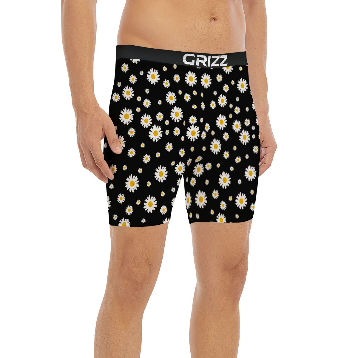 Floral Black Daisy Print Pattern Boxer Briefs-grizzshop