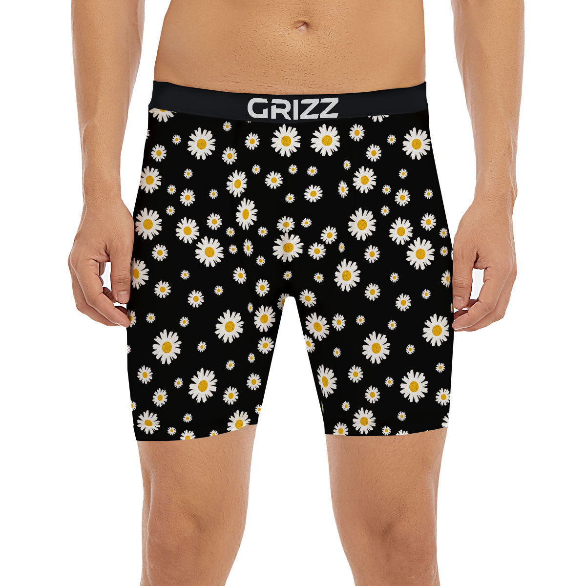 Floral Black Daisy Print Pattern Boxer Briefs-grizzshop