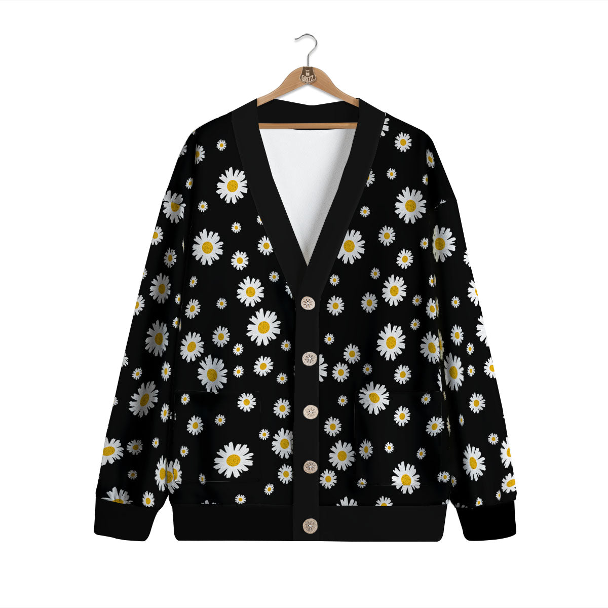 Floral Black Daisy Print Pattern Cardigan-grizzshop