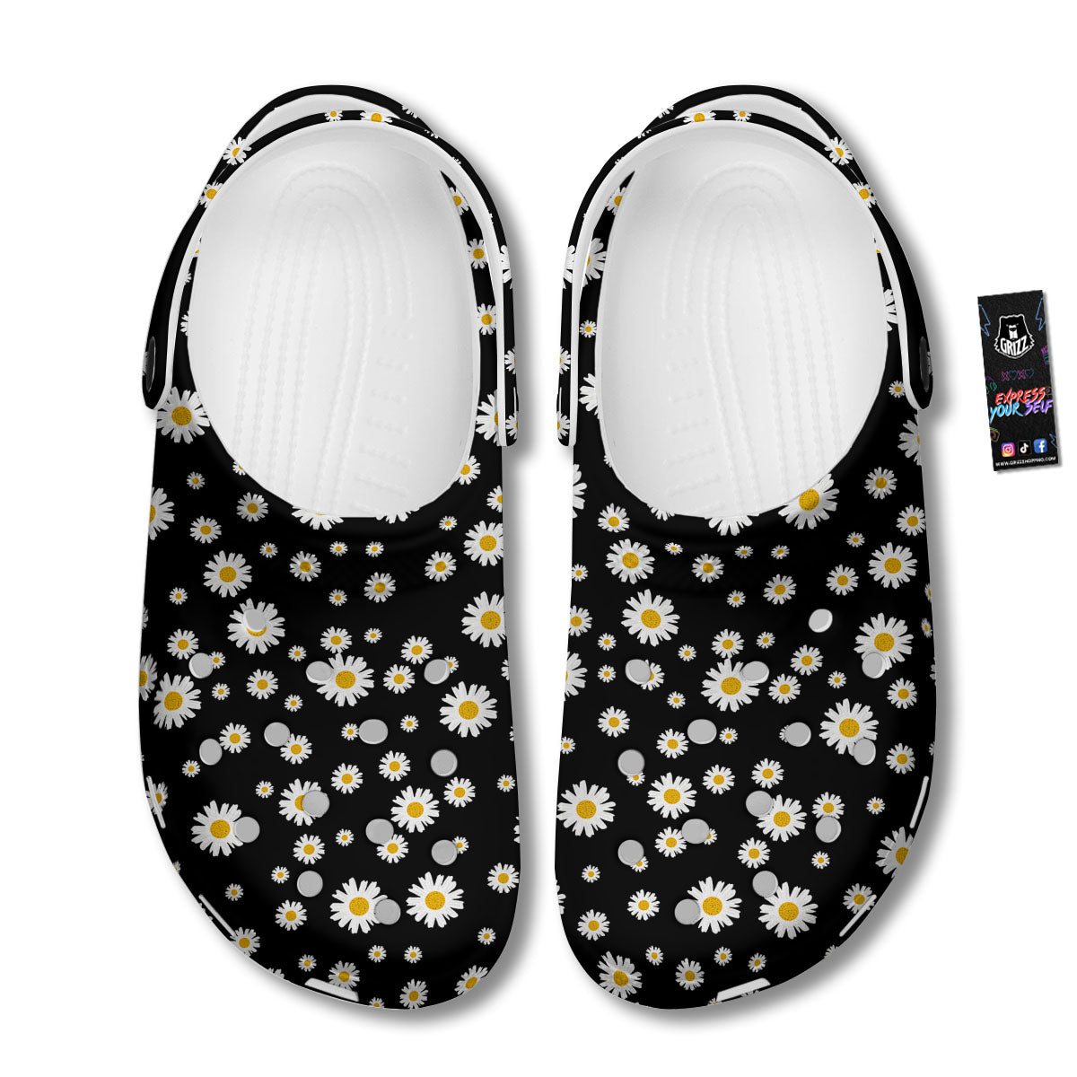 Floral Black Daisy Print Pattern Clog-grizzshop