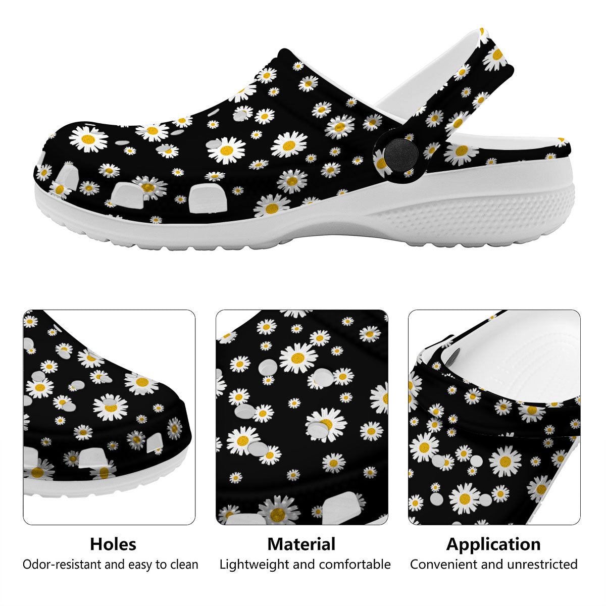 Floral Black Daisy Print Pattern Clog-grizzshop