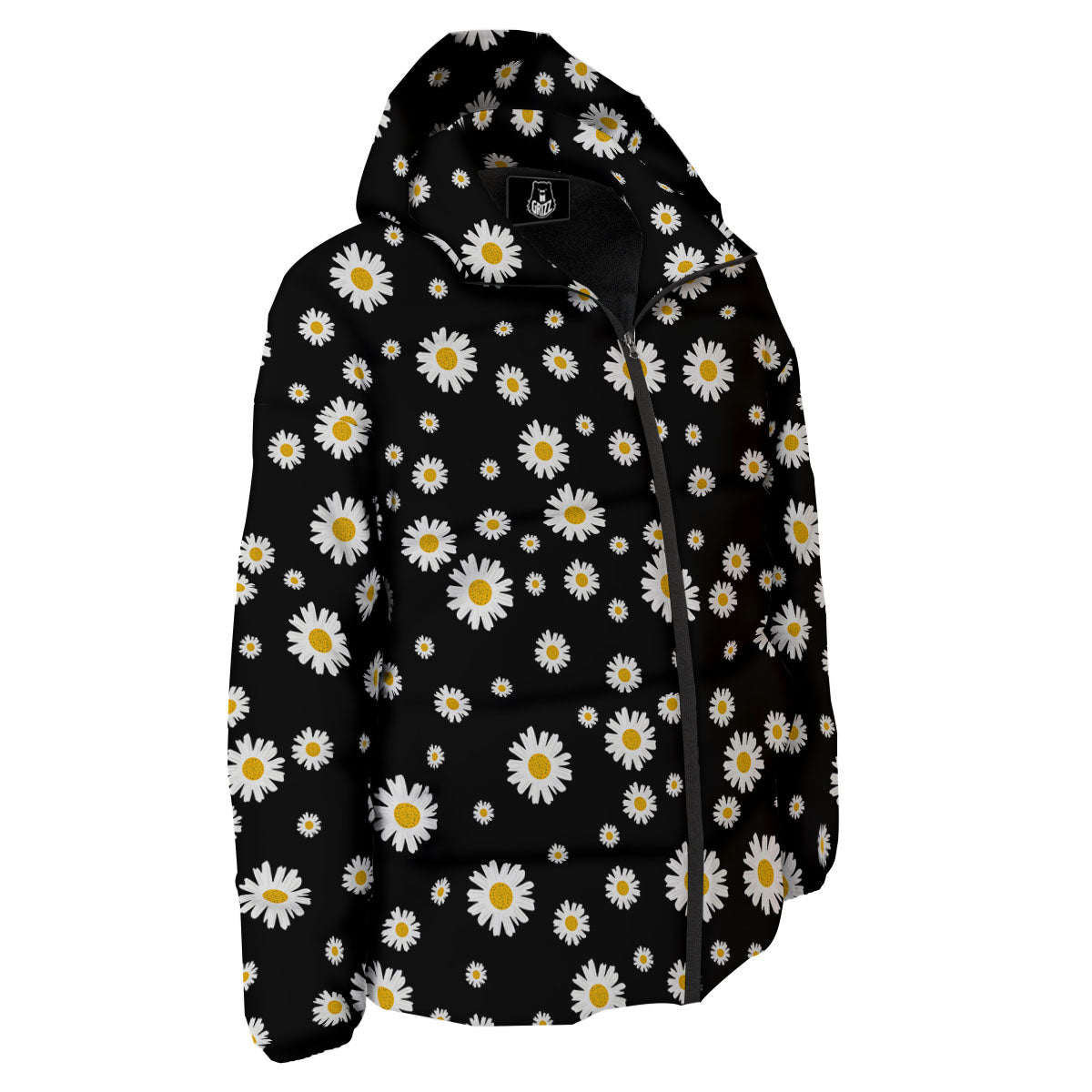 Floral Black Daisy Print Pattern Down Jacket-grizzshop