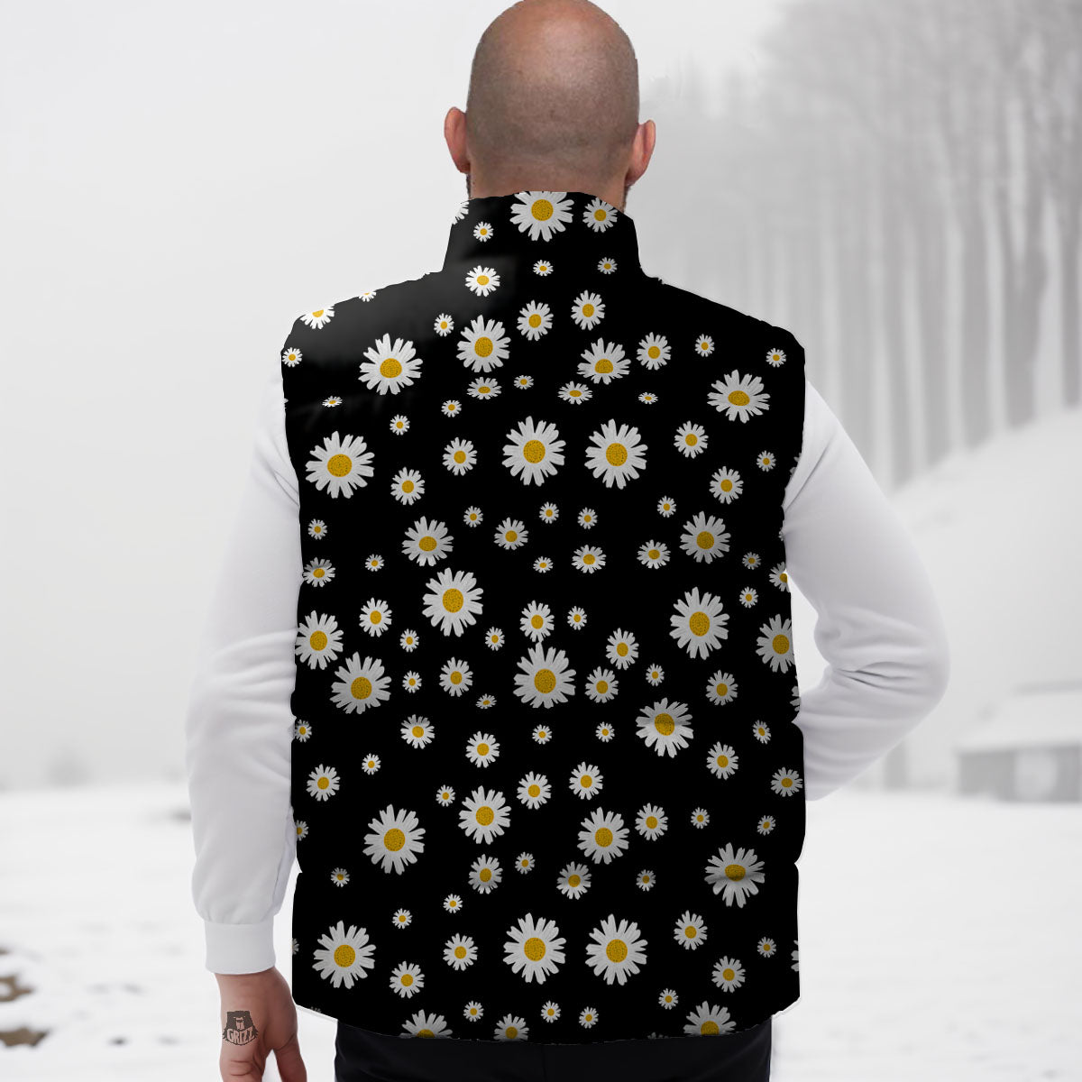 Floral Black Daisy Print Pattern Down Vest
