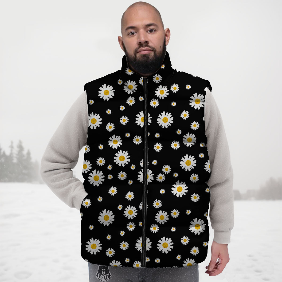 Floral Black Daisy Print Pattern Down Vest