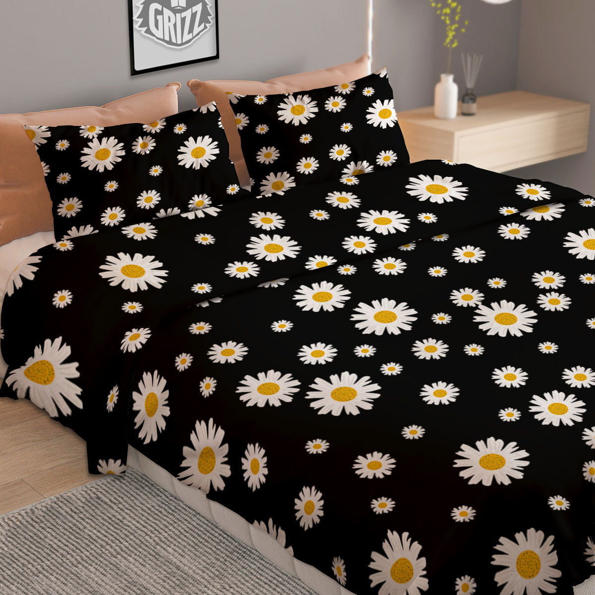 Floral Black Daisy Print Pattern Duvet Cover Bedding Set