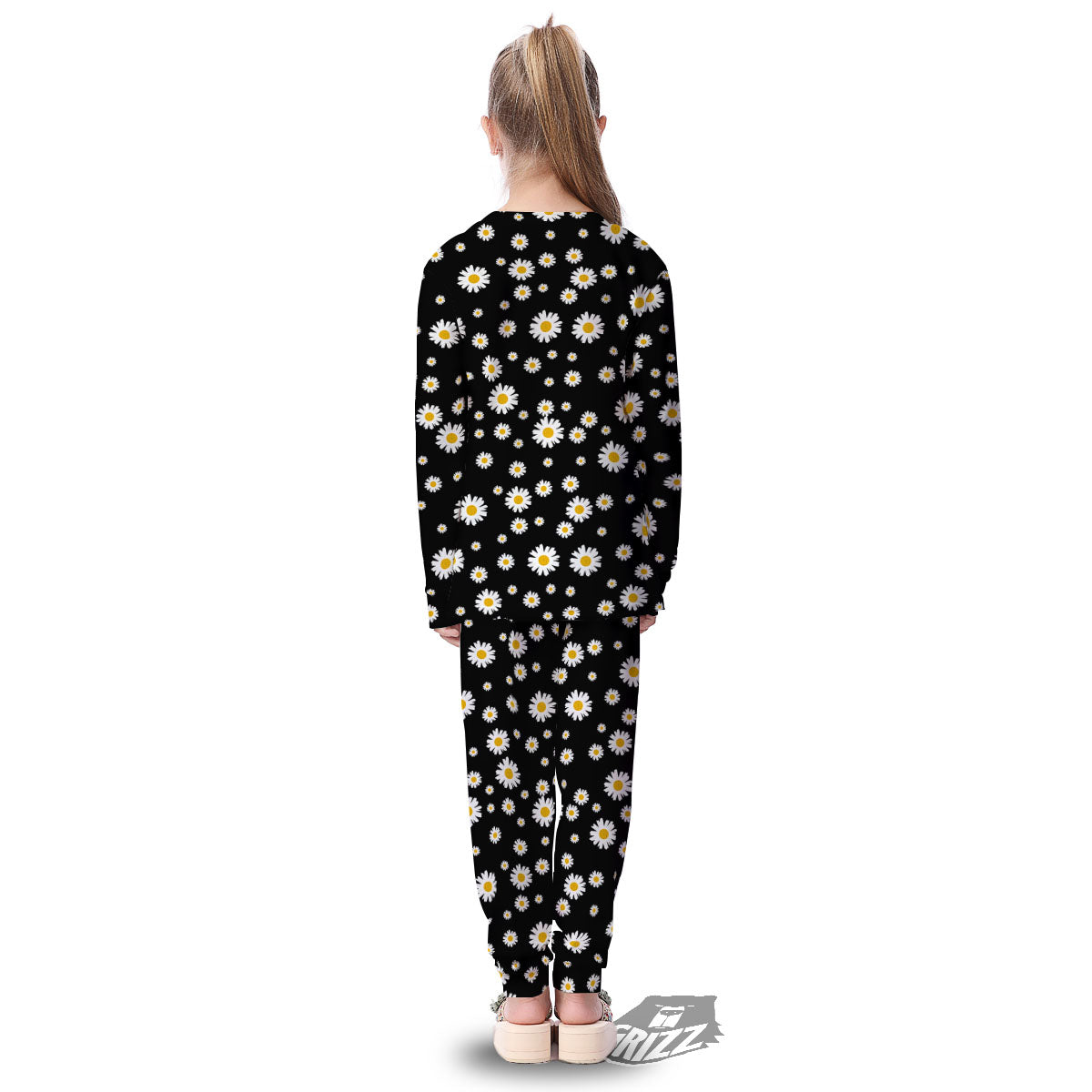 Floral Black Daisy Print Pattern Kid's Pajamas-grizzshop