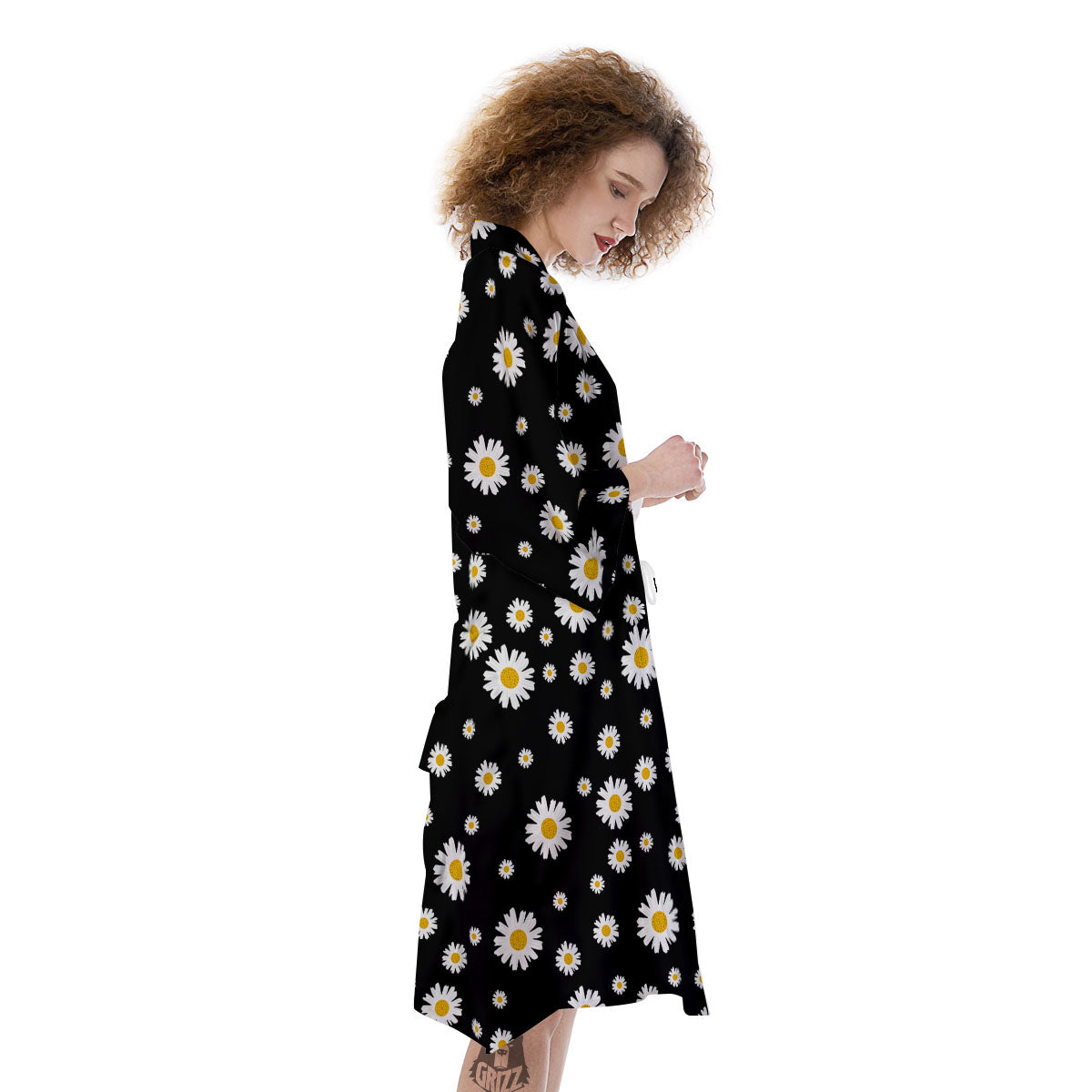 Floral Black Daisy Print Pattern Kimono-grizzshop