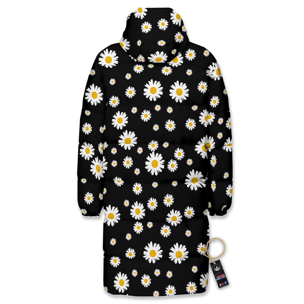 Floral Black Daisy Print Pattern Long Down Jacket-grizzshop