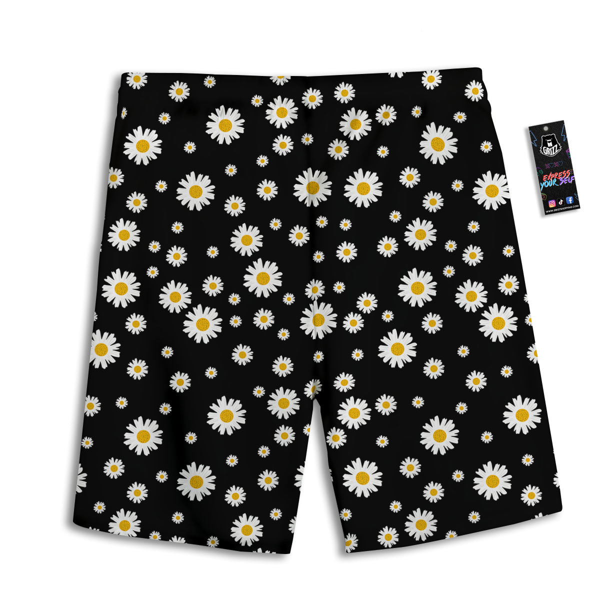 Floral Black Daisy Print Pattern Men's Athletic Shorts