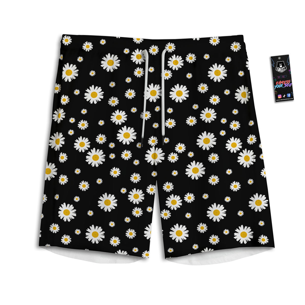 Floral Black Daisy Print Pattern Men's Athletic Shorts