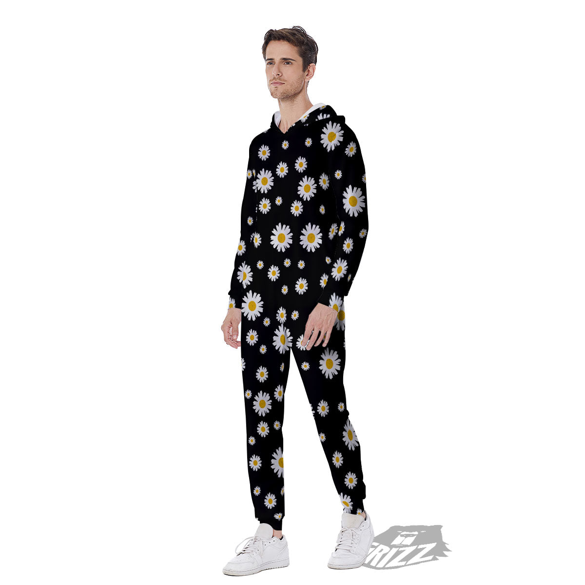 Floral Black Daisy Print Pattern Men's Jumpsuit-grizzshop