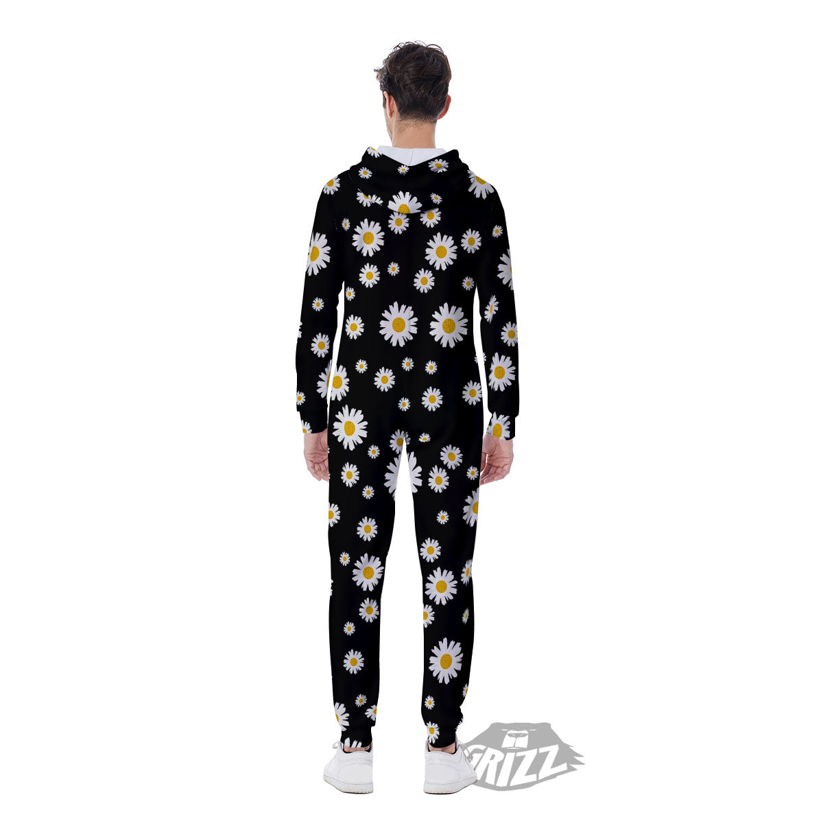 Floral Black Daisy Print Pattern Men's Jumpsuit-grizzshop