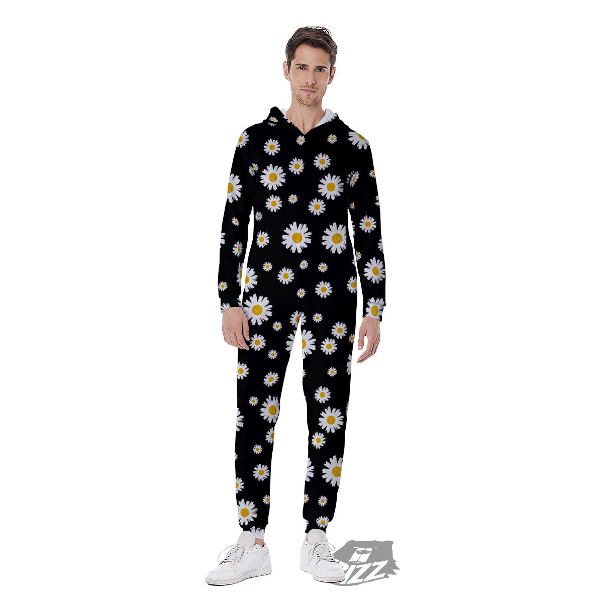 Floral Black Daisy Print Pattern Men's Jumpsuit-grizzshop