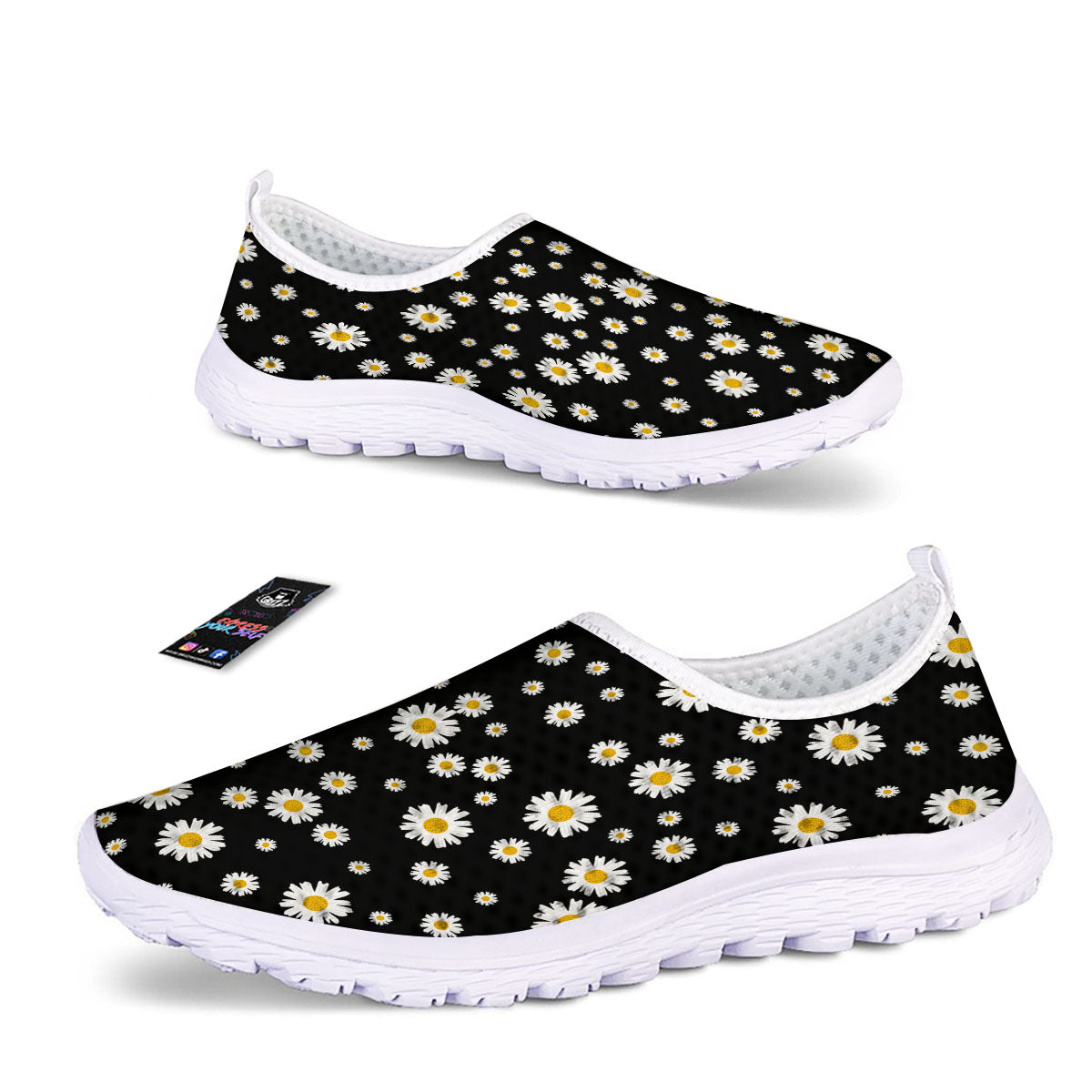 Floral Black Daisy Print Pattern Nurse Shoes-grizzshop