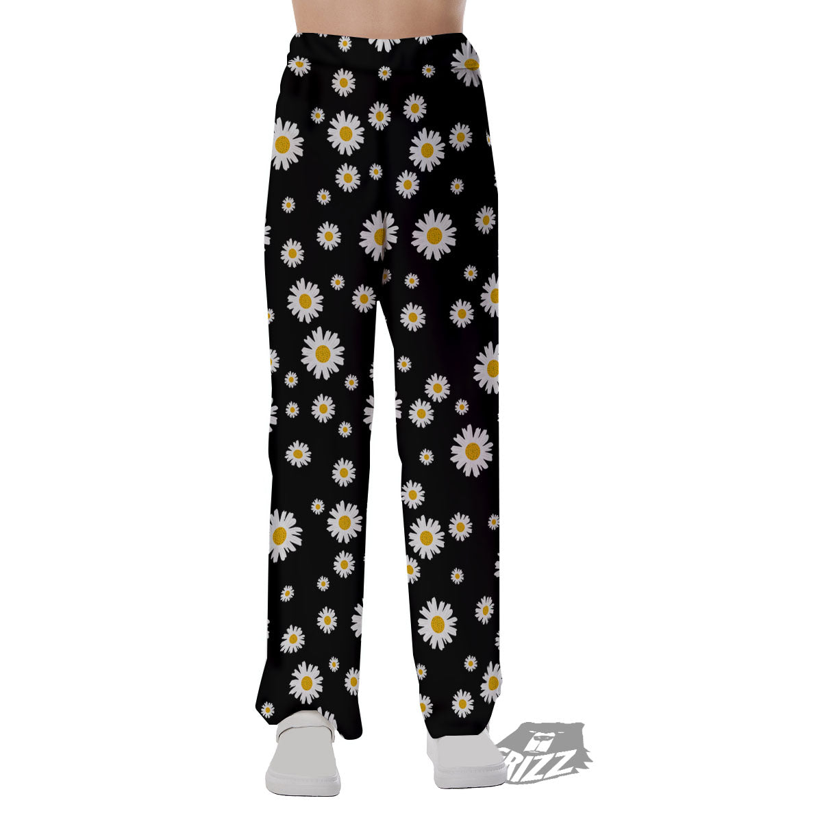 Floral Black Daisy Print Pattern Pajama Pants-grizzshop