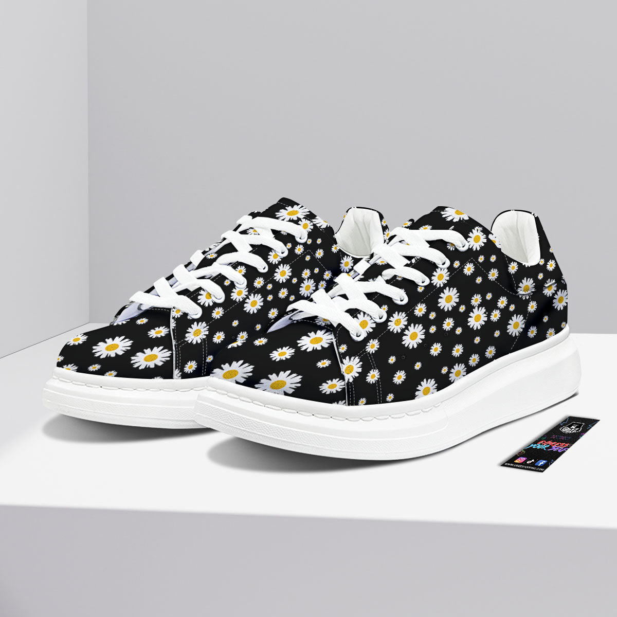 Floral Black Daisy Print Pattern Platform Shoes-grizzshop