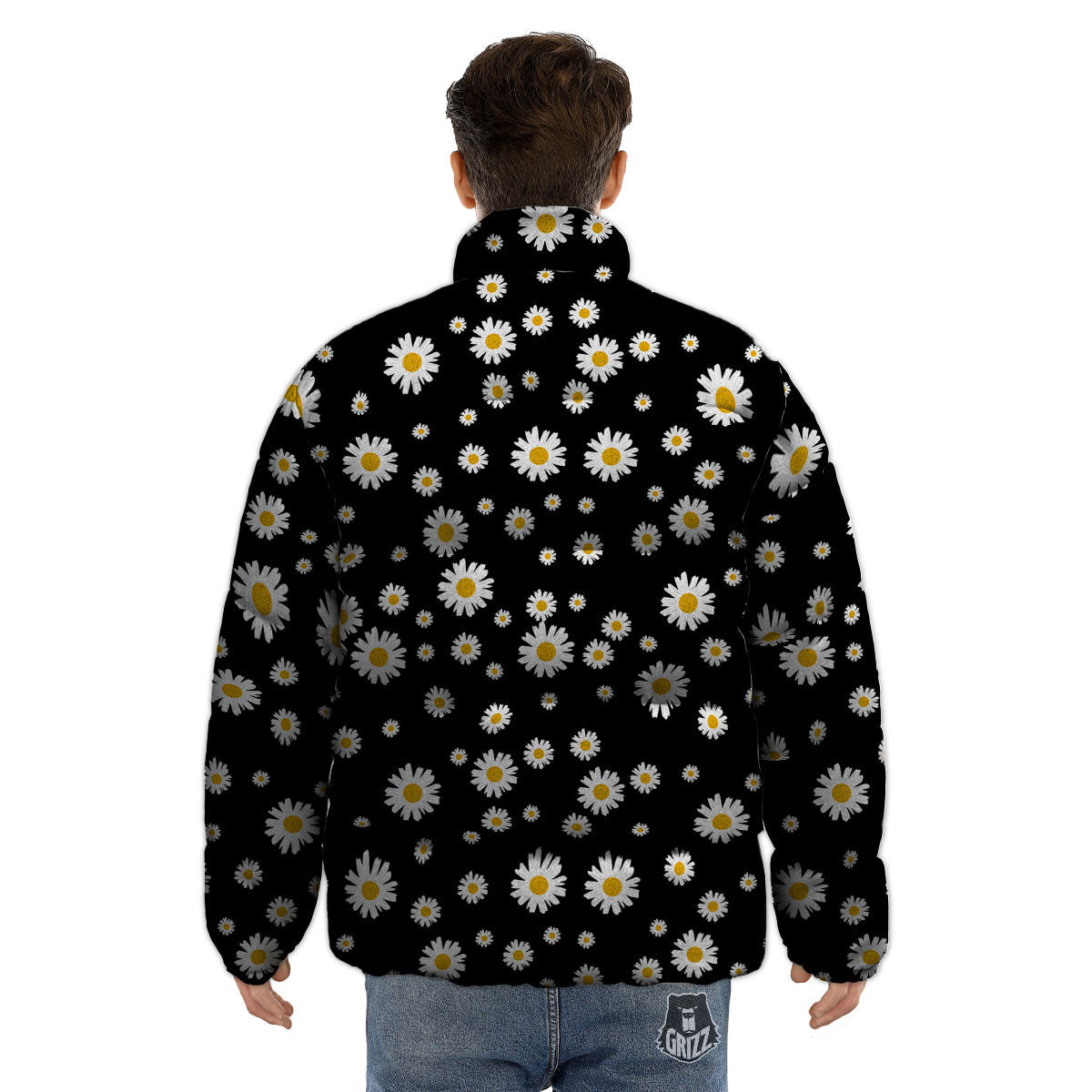 Floral Black Daisy Print Pattern Puffer Jacket-grizzshop
