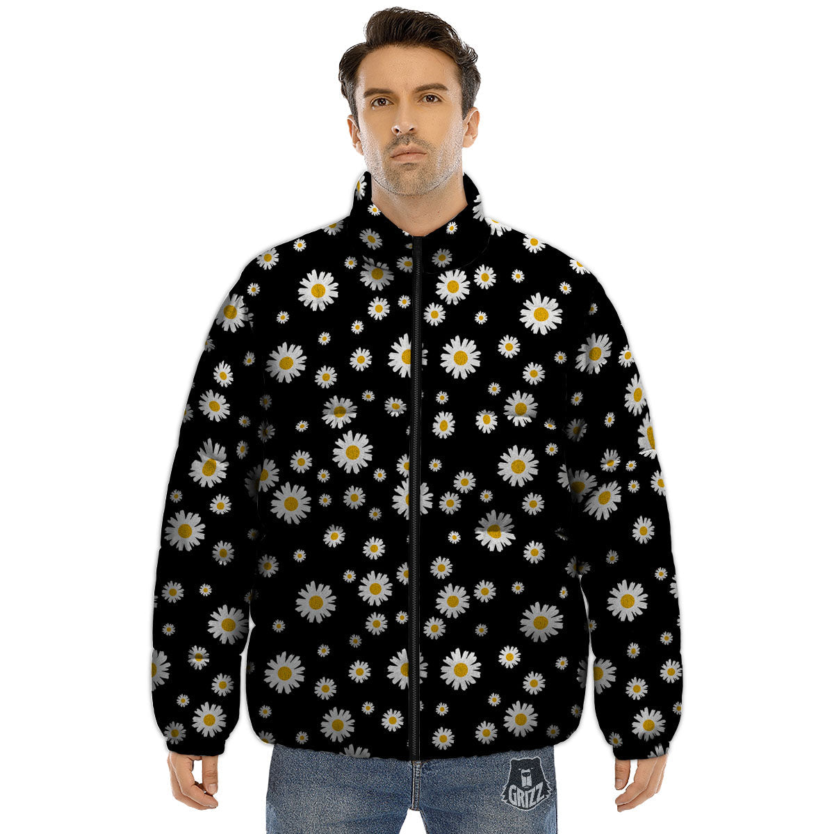 Floral Black Daisy Print Pattern Puffer Jacket-grizzshop