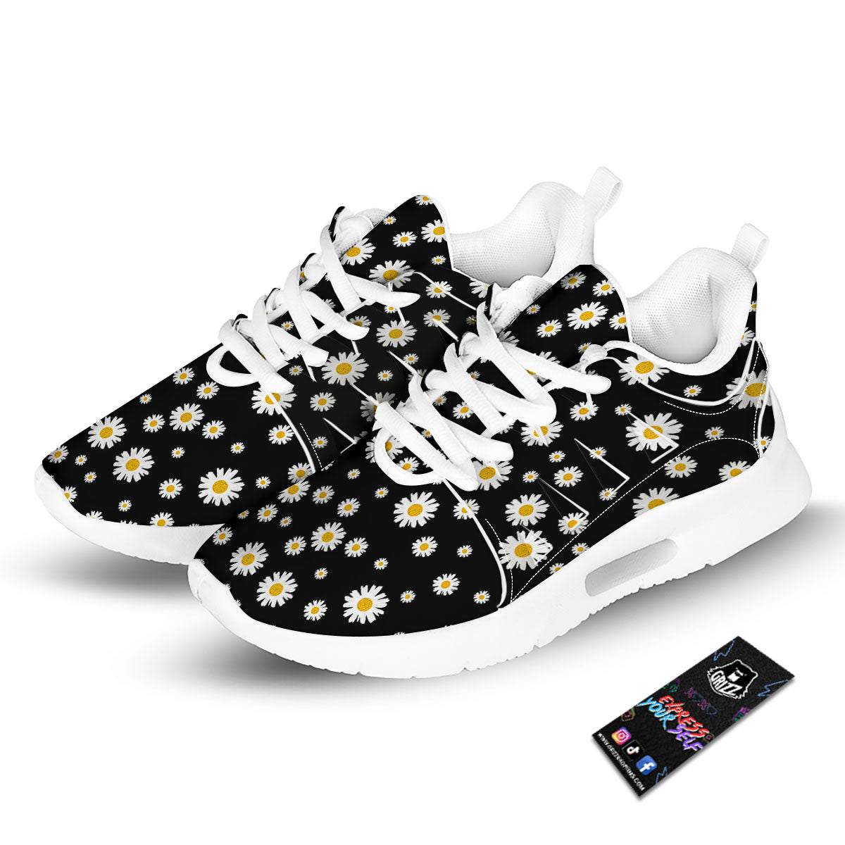 Floral Black Daisy Print Pattern Tennis Shoes-grizzshop