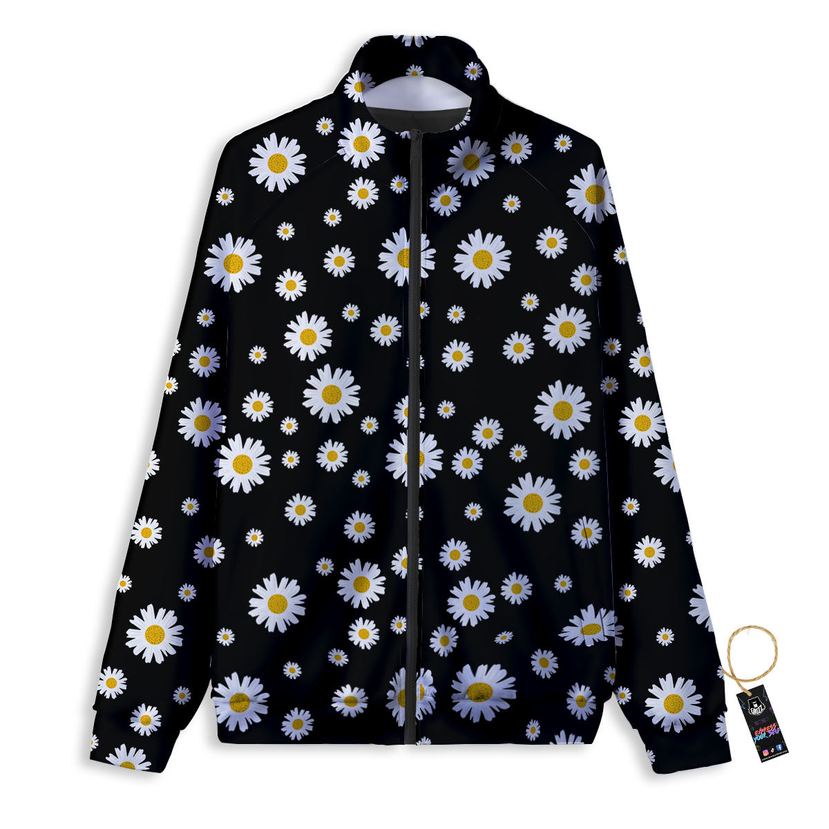 Floral Black Daisy Print Pattern Track Jacket-grizzshop